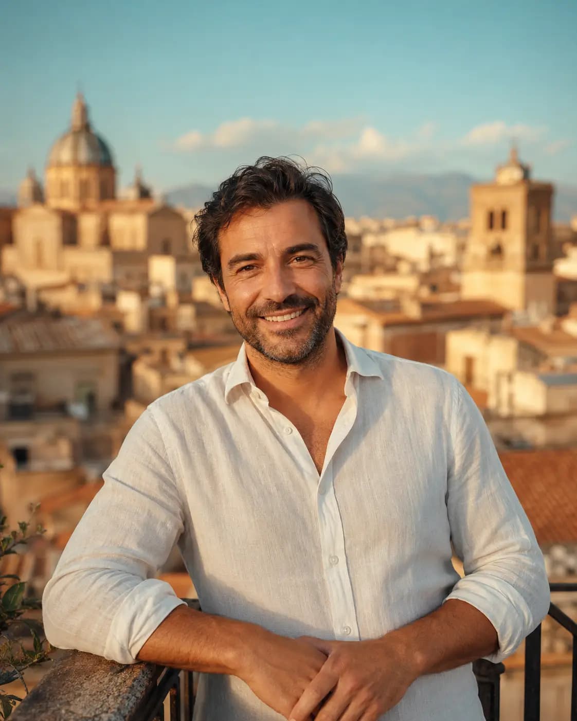 Portrait of Alessandro Saitta smiling on a Palermo balcony overlooking the historic centre