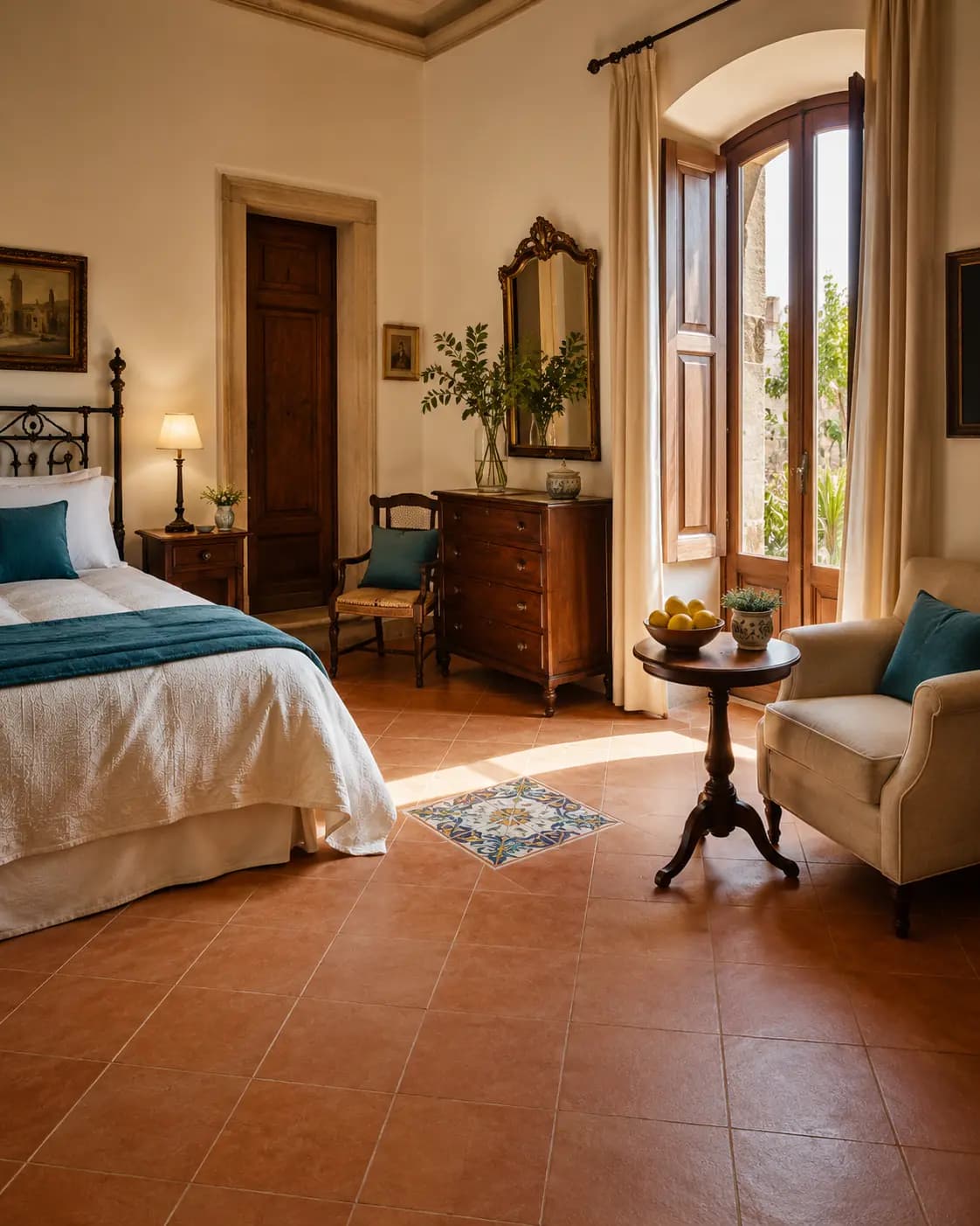 A restored Sicilian interior with warm light, terracotta tiles and antique furniture