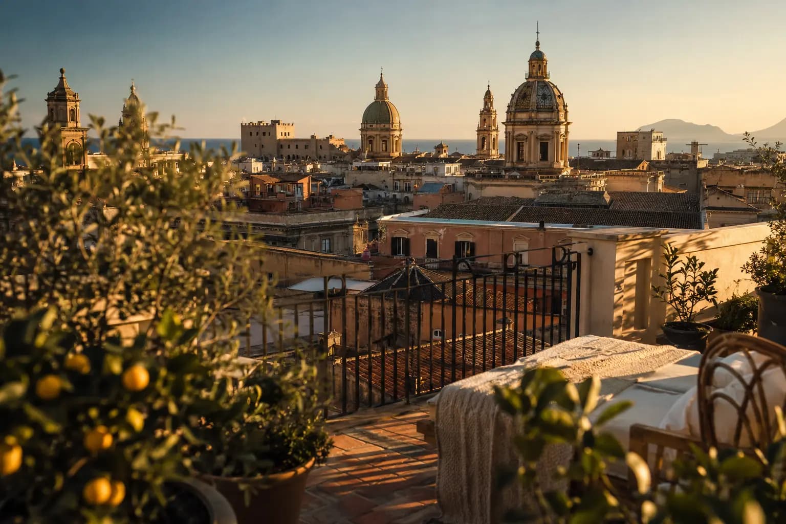 A sun-lit Sicilian terrace overlooking the rooftops of Palermo's historic centre