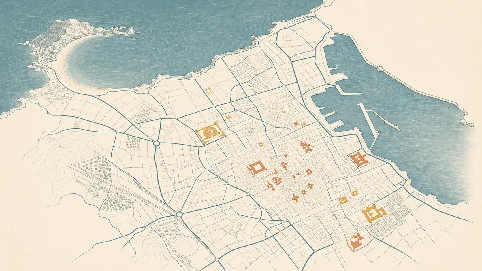 Stylised illustrated map of Palermo's historic centre and coastline